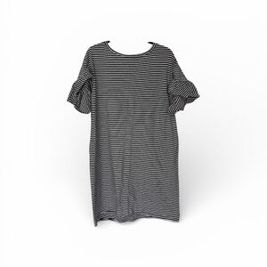 Black and white striped t-shirt dress with ruffled sleeves